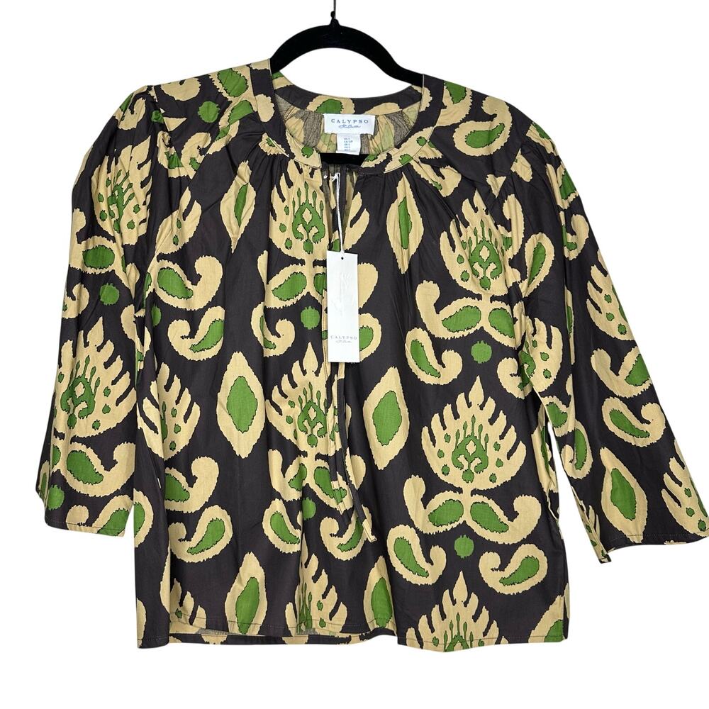 Calypso St Barth Brown Green Tropical Ikat Print Blouse Tie Neck Size Small NWT